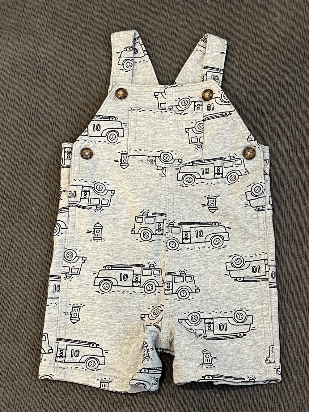 Carter's 12M Light Gray Short Overalls with Navy Fire Truck Print